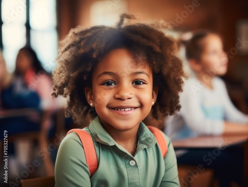Afroamerican Girls' Education. Happy beautiful afro Girl is smilling. Generative AI
