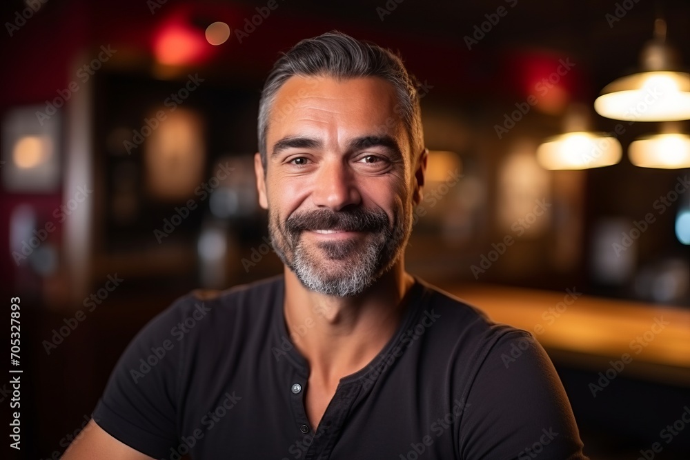 Handsome middle age man smiling at the camera in a pub Handsome middle age man smiling at the camera in a pub