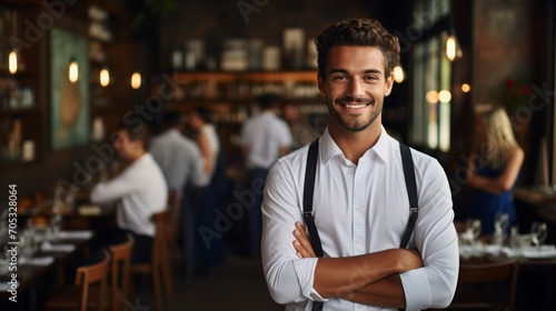 portrait of a smiling waiter in a restaurant photo