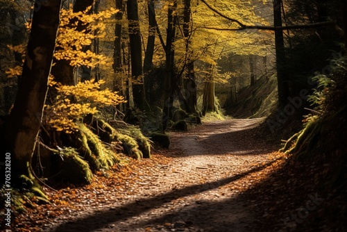 Sunlit path through a colorful autumn forest photo