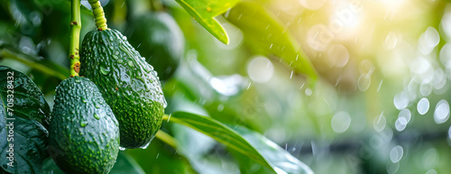 Close up of ripe avocados plant growing in greenhouse under the rain