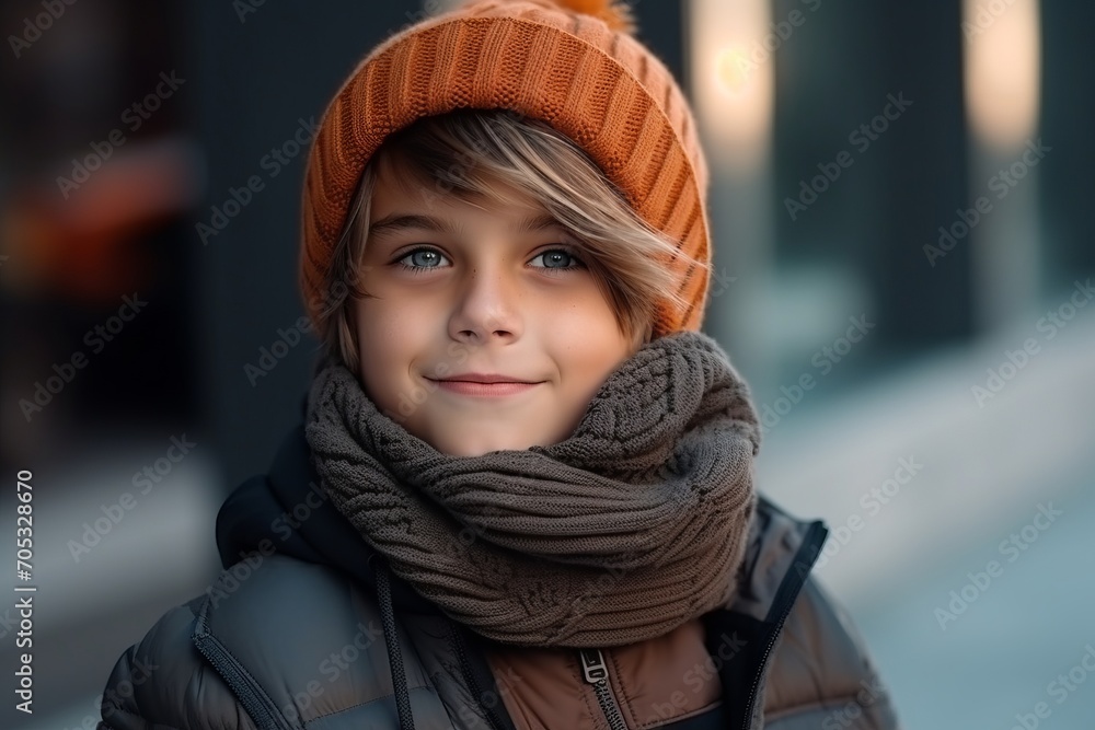Portrait of a cute little boy wearing warm hat, scarf and scarf Portrait of a cute little boy wearing warm hat, scarf and scarf