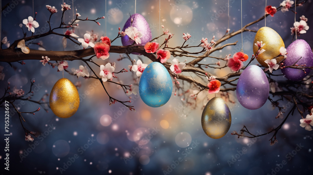colorful Easter eggs delicately hanging from a branch, surrounded by the soft glow of a bokeh background adorned with small flowers.