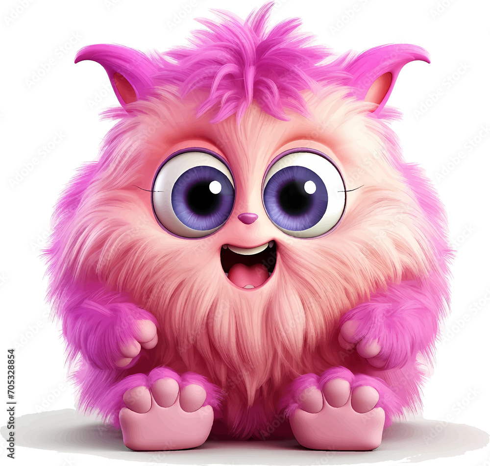 Cute big eyed furry monster baby on transparent background