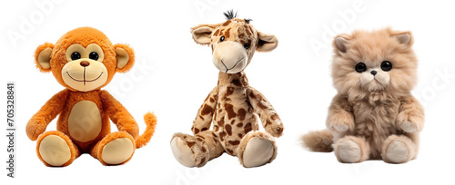 Set of cuddly toy of monkey, giraffe and cute cat over isolated transparent background