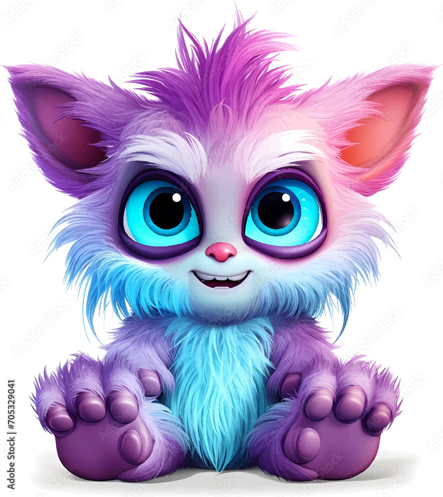 Cute big eyed furry monster baby on transparent background