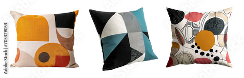 Set of colorful modern deco cushions with geometric shapes over isolated transparent background photo