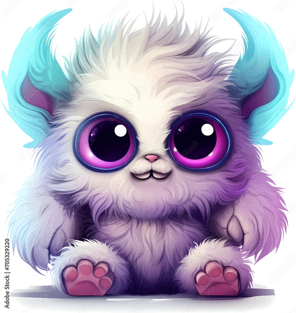 Fototapeta Cute big eyed furry monster baby on transparent background