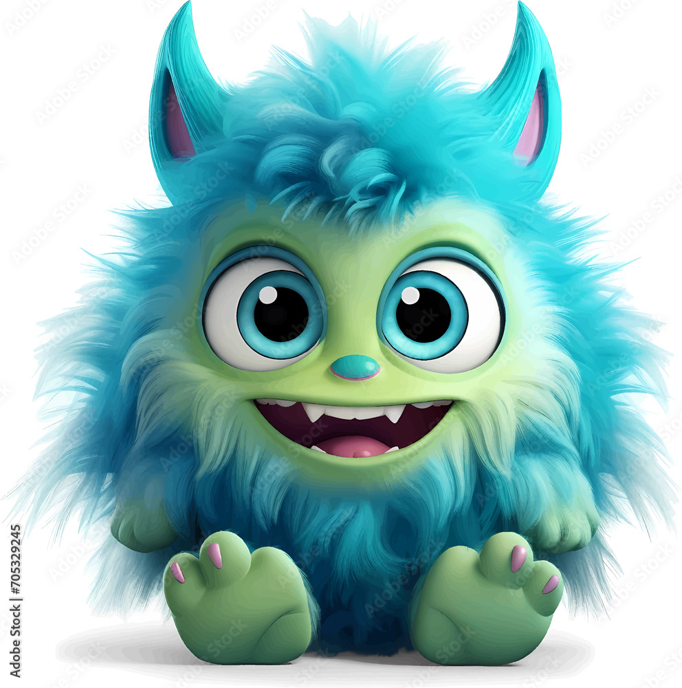 Cute big eyed furry monster baby on transparent background