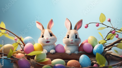 Two adorable bunnies surrounded by colorful eggs gaze from a branch, creating a whimsical scene that celebrates the joy of the season