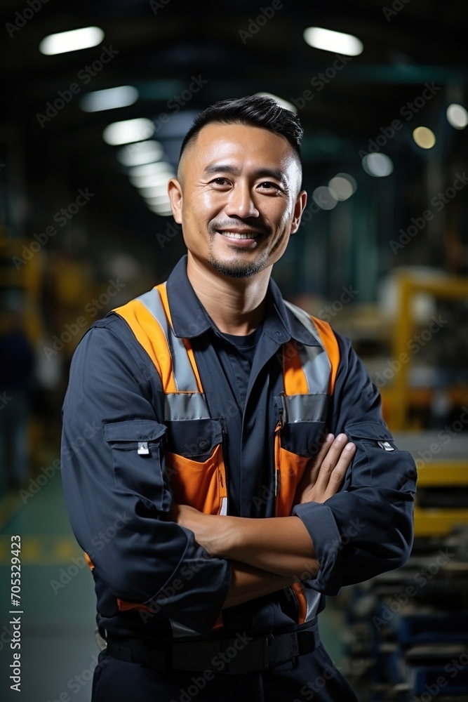 Portrait of a happy Asian male factory worker smiling Portrait of a happy Asian male factory worker smiling