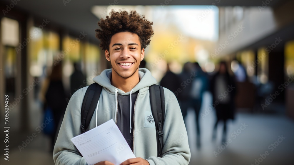 Happy African American student holding exam paper in college campus - obrazy, fototapety, plakaty 