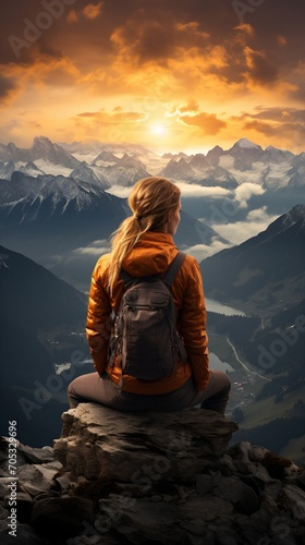 A woman sits on a rock and gazes at a mountain landscape,