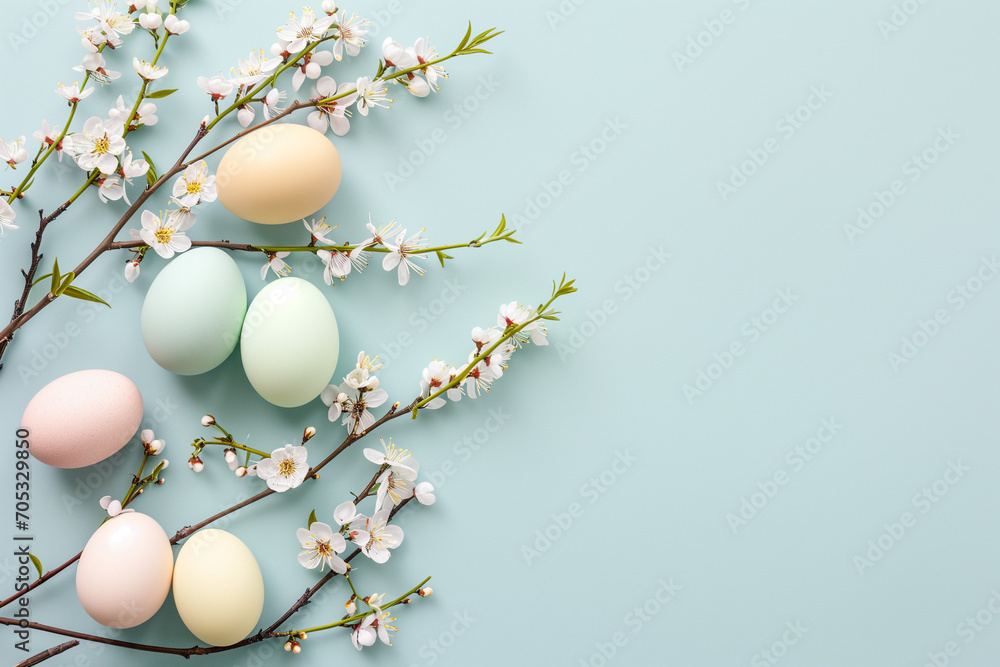 A delicate arrangement of pastel-colored Easter eggs and blooming spring branches on a soft blue background