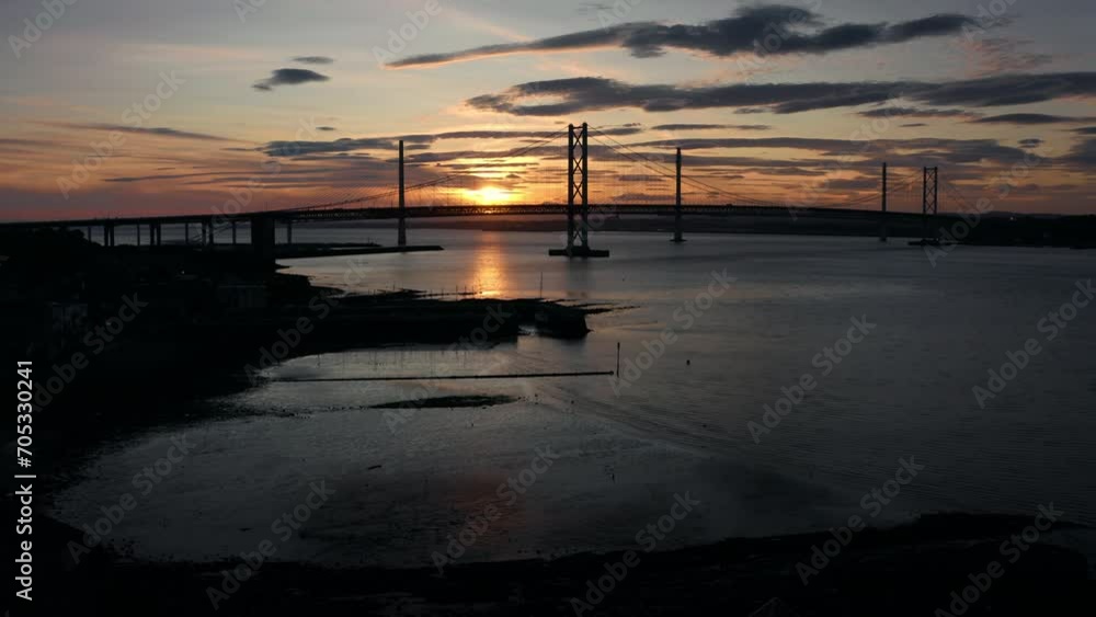 Aerial drone sunset view of Forth Bridge in Scotland with scenic clouds Aerial drone sunset view of Forth Bridge in Scotland with scenic clouds