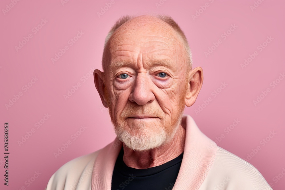 Portrait of an elderly man with wrinkles on his face and a pink background Portrait of an elderly man with wrinkles on his face and a pink background