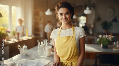 Portrait of a smiling woman in a yellow apron standing in a kitchen