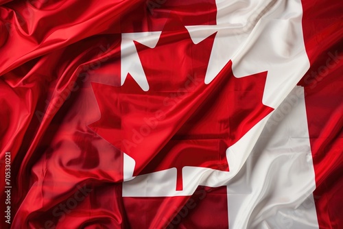 A Canadian flag with a red background, white square, and red maple leaf.