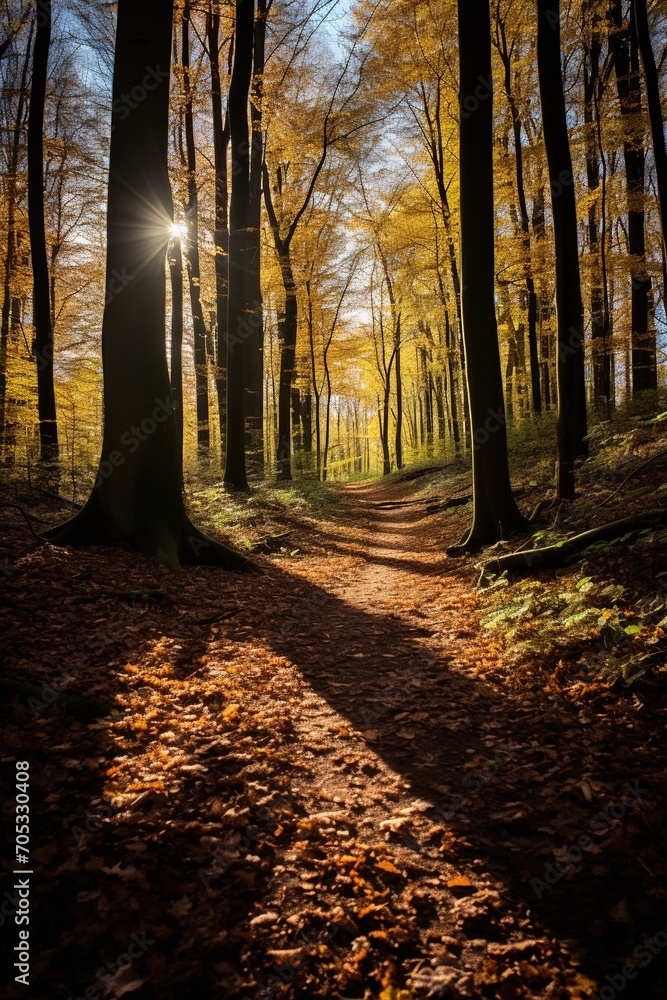 Sunlit path through a beech forest in autumn