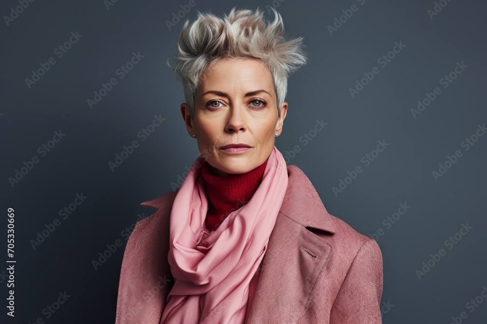 Portrait of a beautiful middle aged woman with short hair and pink scarf. Portrait of a beautiful middle aged woman with short hair and pink scarf.