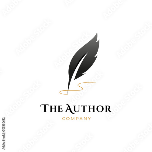 author signature logo, feather quill pen with golden ink logo , vintage Fountain pen logo with gold ink icon, luxury elegant classic stationery illustration