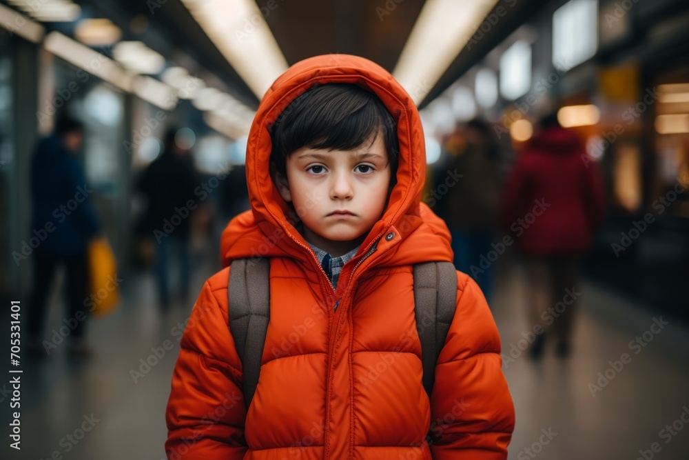 Portrait of a little boy in a red jacket with a backpack. Portrait of a little boy in a red jacket with a backpack.