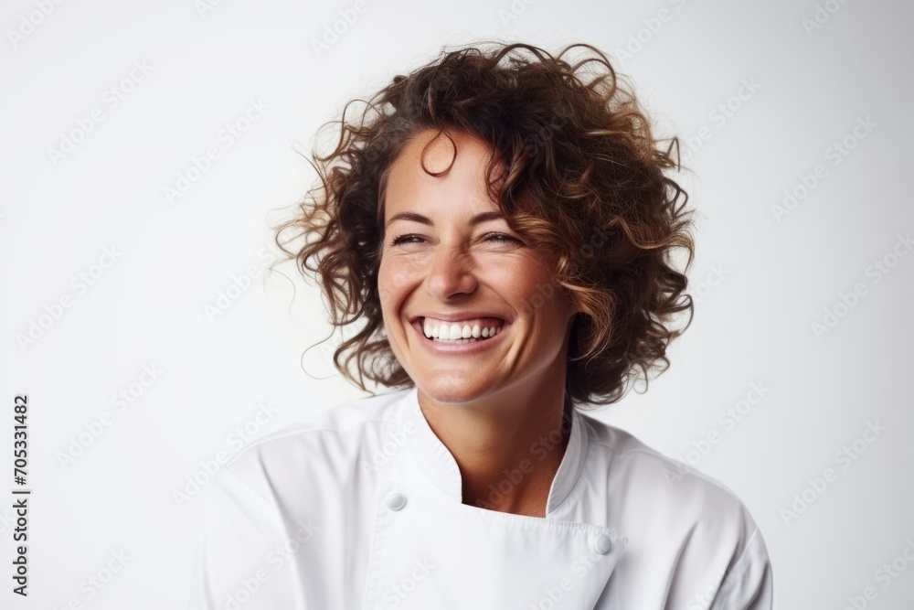 Portrait of a smiling young female chef with curly hair on white background Portrait of a smiling young female chef with curly hair on white background