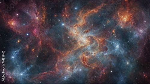 Abstract photoreal space with space smoke shine, galaxies, and other celestial bodies, nebulae