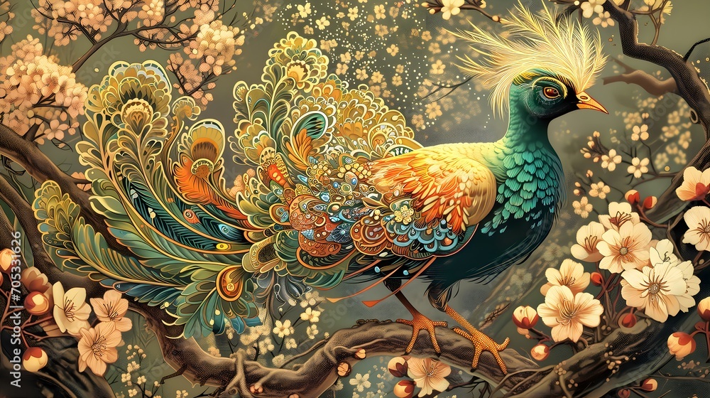 Obraz premium Majestic Illustrated Peacock With Vibrant Feathers Amidst Blooming Flowers. Stylized ornamental wallpaper. Bird Wallpaper.