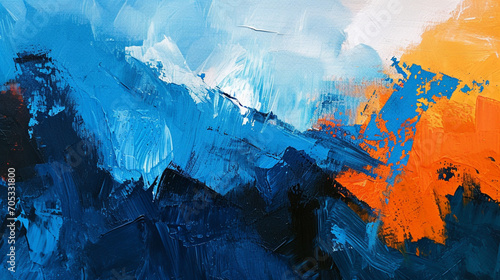 Fond de mur avec traces de peintures, couleurs bleu et orange. Mouvement. Artistique. Fond pour bannière, création et conception graphique.	 photo