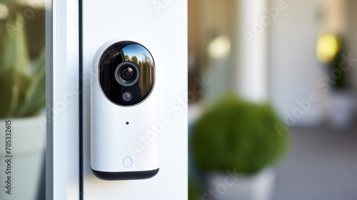 Closeup of a security camera, streaming live footage of a smart homes front door on a smartphone. photo