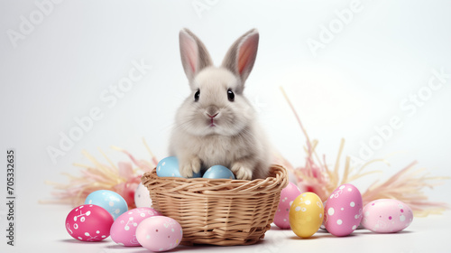 Bunny nestled among Easter eggs in a basket, set against a pure white background, embodying the spirit of the Easter season © Laura