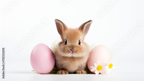 bunny surrounded by Easter eggs on a crisp white background, capturing the essence of the Easter season © Laura