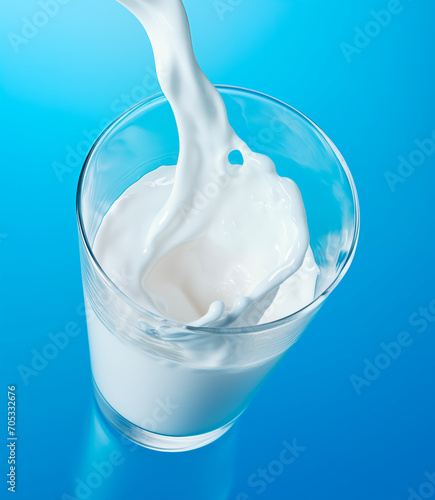 Milk pouring into glass with splash on blue background, top view with copy space
