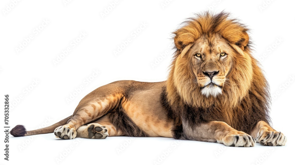 Male adult lion lying down, Panthera leo, isolated on white 
