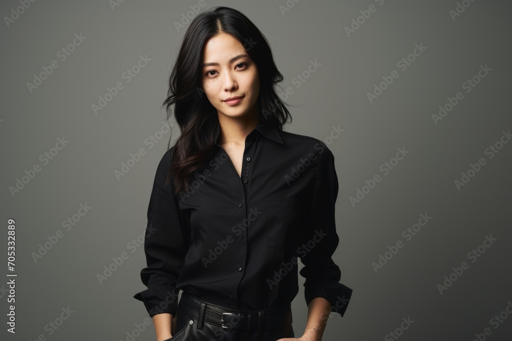 Portrait of a beautiful asian businesswoman in black shirt on grey background Portrait of a beautiful asian businesswoman in black shirt on grey background