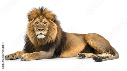 Male adult lion lying down, Panthera leo, isolated on white  © buraratn