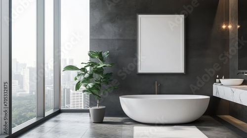Modern bathroom interior with city view and blank poster on wall. Design and style concept 