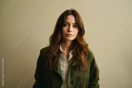 beautiful young woman in green trench coat looking at camera isolated on grey