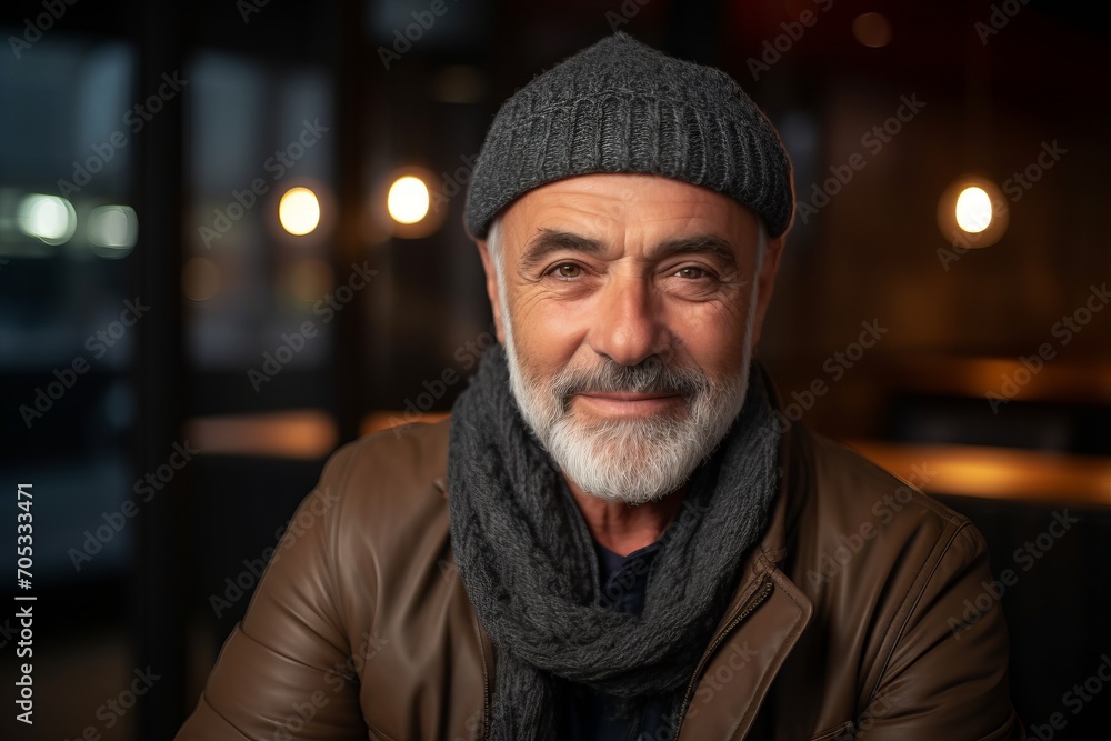 Portrait of a senior man wearing a warm hat and scarf. Portrait of a senior man wearing a warm hat and scarf.
