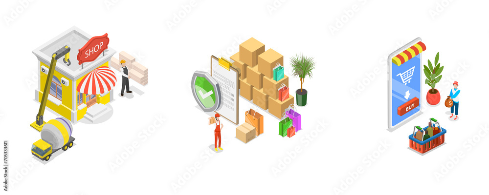 3D Isometric Flat Conceptual Illustration of Retail Business, Sale Goods and Services to Consumers 3D Isometric Flat Conceptual Illustration of Retail Business, Sale Goods and Services to Consumers