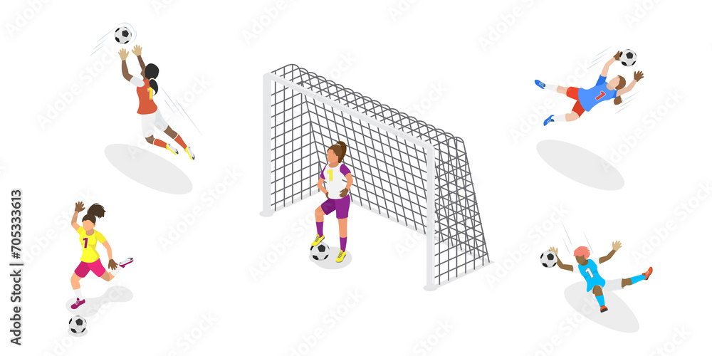 3D Isometric Flat Set of Female Soccer Characters, Girl Football Players 3D Isometric Flat Set of Female Soccer Characters, Girl Football Players