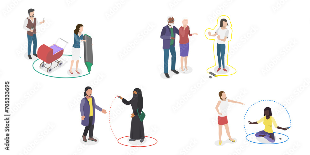 3D Isometric Flat Conceptual Illustration of Invisible Boundary, Personal Space 3D Isometric Flat Conceptual Illustration of Invisible Boundary, Personal Space