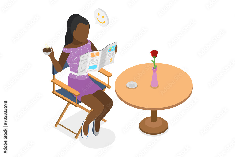 Fototapeta premium 3D Isometric Flat Conceptual Illustration of Enjoying Reading A Newspaper, Everyday Ritual