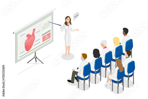 3D Isometric Flat  Conceptual Illustration of Medical Conference, Healthcare Training Seminar