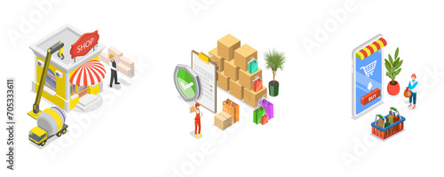 3D Isometric Flat Conceptual Illustration of Retail Business, Sale Goods and Services to Consumers