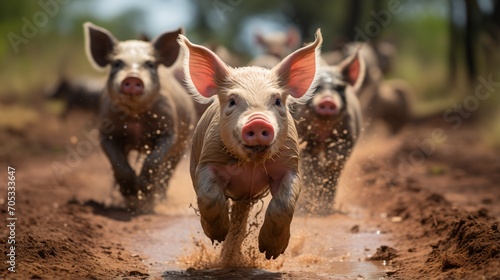 Four pink piglets are running in the mud