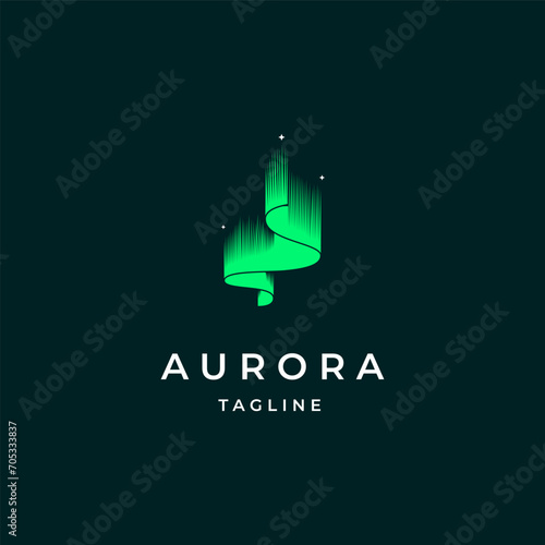 green aurora borealis logo, modern northern lights sky aurora and stars icon logo design illustration