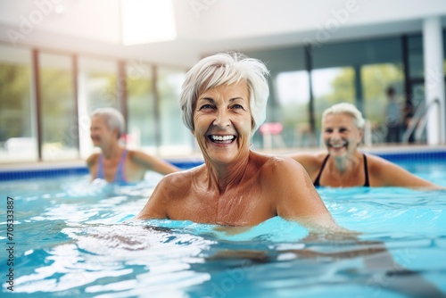 Three senior women doing water aerobics in a swimming pool
