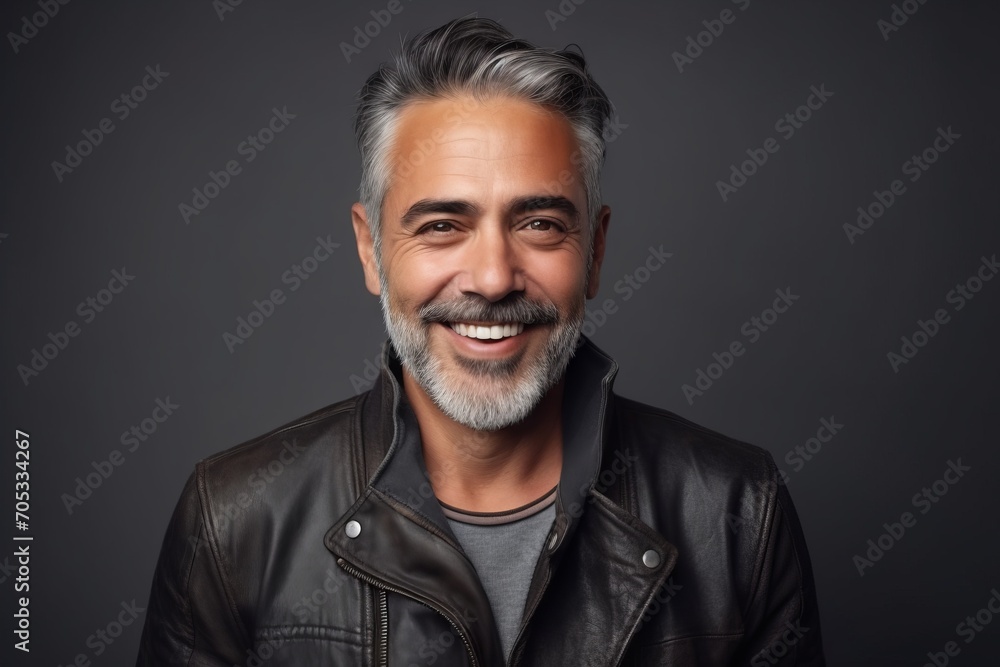 Portrait of a smiling middle-aged man in leather jacket against grey background Portrait of a smiling middle-aged man in leather jacket against grey background